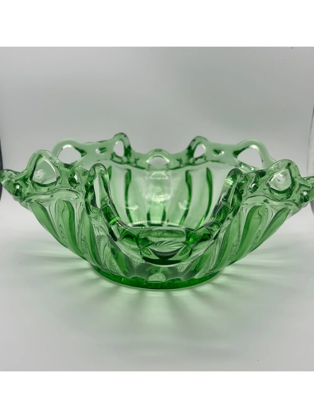 Fostoria Green Uranium Colonial Prism Square Centerpiece Bowl